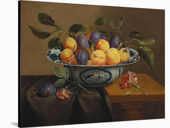 Plums and Apricots in a Wanli Kraak Porselein Bowl with a Carnation, a Rose-Jacob Van Hulsdonck-Stretched Canvas