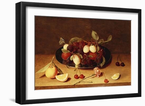 Plums and Peaches on a Pewter Dish with Cherries and a Carnation on a Table-Jacob van Hulsdonck-Framed Giclee Print