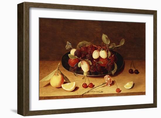 Plums and Peaches on a Pewter Dish with Cherries and a Carnation on a Table-Jacob van Hulsdonck-Framed Giclee Print