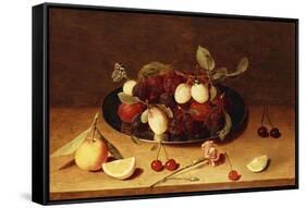 Plums and Peaches on a Pewter Dish with Cherries and a Carnation on a Table-Jacob van Hulsdonck-Framed Stretched Canvas