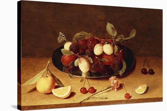 Plums and Peaches on a Pewter Dish with Cherries and a Carnation on a Table-Jacob van Hulsdonck-Stretched Canvas