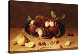 Plums and Peaches on a Pewter Dish with Cherries and a Carnation on a Table-Jacob van Hulsdonck-Stretched Canvas