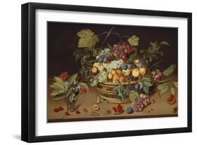 Plums, Peaches and Grapes in a Basket with Carnations and Other Flowers in a Roemer, with…-Jacob Van Hulsdonck-Framed Giclee Print