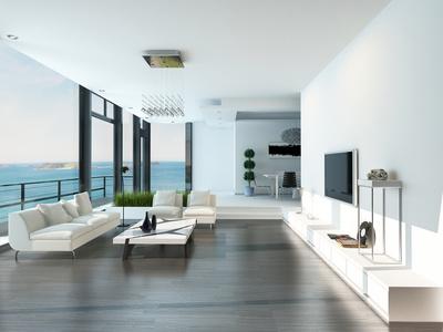 Luxury Living Room Interior with White Couch and Seascape View
