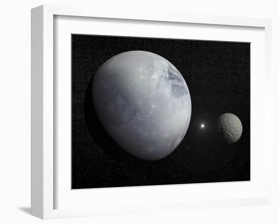 Pluton, its Big Moon Charon and the Polaris Star-null-Framed Art Print