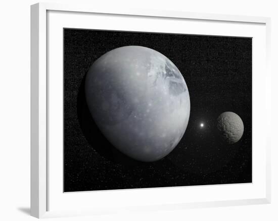 Pluton, its Big Moon Charon and the Polaris Star-null-Framed Art Print