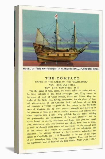 Plymouth, Massachusetts - Mayflower Model, the Compact in Plymouth Hall Scene-Lantern Press-Stretched Canvas