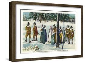 Plymouth, Massachusetts - Pilgrims Going to Church in the Snow Scene-Lantern Press-Framed Art Print