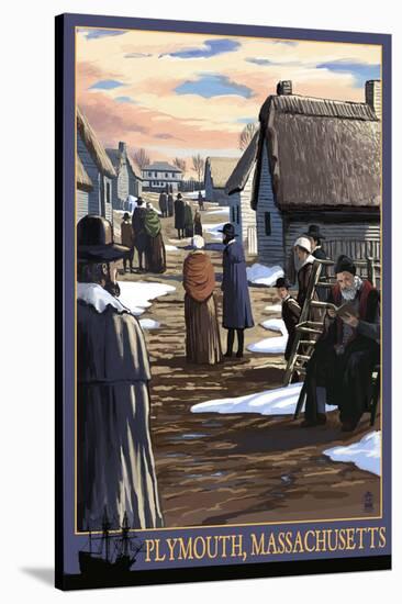 Plymouth, Massachusetts - Pilgrims going to Church-Lantern Press-Stretched Canvas