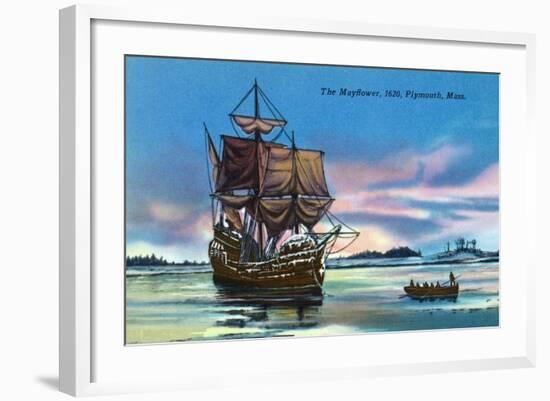 Plymouth, Massachusetts - The Mayflower Landing in 1620 Scene-Lantern Press-Framed Art Print