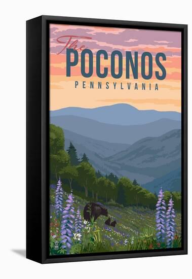 Poconos, Pennsylvania - Bear & Spring Flowers - Lantern Press Artwork-Lantern Press-Framed Stretched Canvas