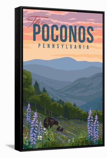 Poconos, Pennsylvania - Bear & Spring Flowers - Lantern Press Artwork-Lantern Press-Framed Stretched Canvas