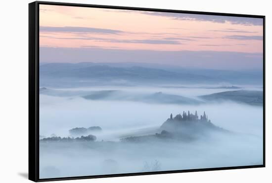 Podere Belvedere and mist at sunrise, San Quirico d'Orcia, Val d'Orcia, Tuscany, Italy-Ed Hasler-Framed Stretched Canvas