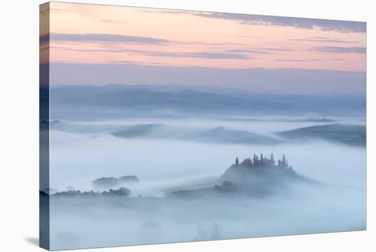 Podere Belvedere and mist at sunrise, San Quirico d'Orcia, Val d'Orcia, Tuscany, Italy-Ed Hasler-Stretched Canvas