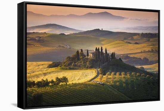 Podere Belvedere, San Quirico D'Orcia, Tuscany, Italy. Sunrise over the Farmhouse and the Hills.-ClickAlps-Framed Stretched Canvas