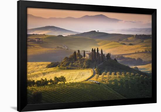 Podere Belvedere, San Quirico D'Orcia, Tuscany, Italy. Sunrise over the Farmhouse and the Hills.-ClickAlps-Framed Premium Photographic Print