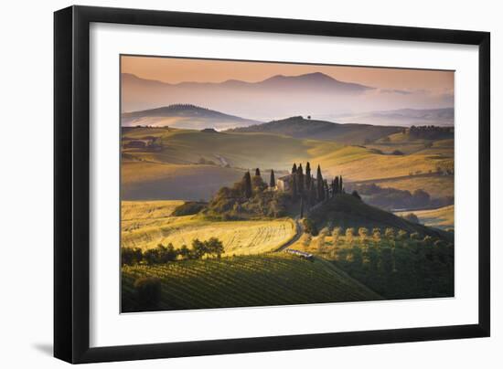 Podere Belvedere, San Quirico D'Orcia, Tuscany, Italy. Sunrise over the Farmhouse and the Hills.-ClickAlps-Framed Photographic Print
