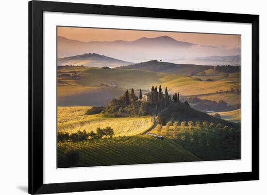 Podere Belvedere, San Quirico D'Orcia, Tuscany, Italy. Sunrise over the Farmhouse and the Hills.-ClickAlps-Framed Photographic Print