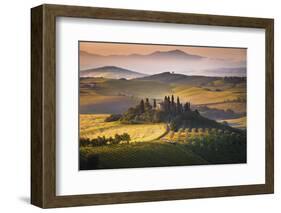 Podere Belvedere, San Quirico D'Orcia, Tuscany, Italy. Sunrise over the Farmhouse and the Hills.-ClickAlps-Framed Photographic Print