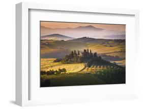 Podere Belvedere, San Quirico D'Orcia, Tuscany, Italy. Sunrise over the Farmhouse and the Hills.-ClickAlps-Framed Photographic Print