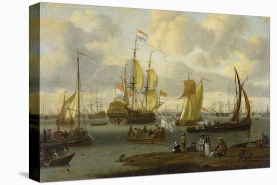 Poeple Walking at the Banks of the River Ij with Ships, 1693-Abraham Storck-Stretched Canvas