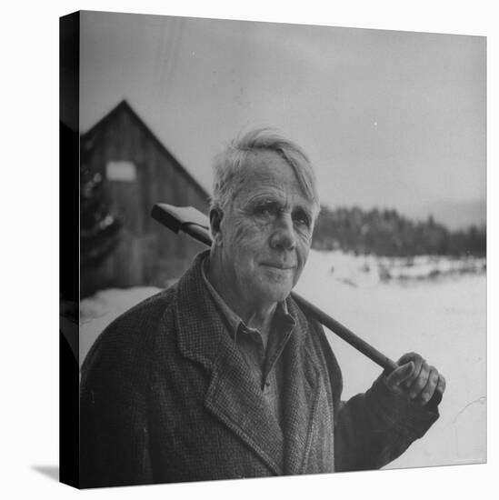 Poet Robert Frost in Affable Portrait, Axe Slung over Shoulder in Wintry Rural Setting-Eric Schaal-Stretched Canvas