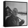 Poet Robert Frost in Affable Portrait, Axe Slung over Shoulder in Wintry Rural Setting-Eric Schaal-Framed Stretched Canvas