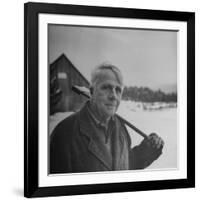 Poet Robert Frost in Affable Portrait, Axe Slung over Shoulder in Wintry Rural Setting-Eric Schaal-Framed Premium Photographic Print