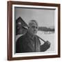 Poet Robert Frost in Affable Portrait, Axe Slung over Shoulder in Wintry Rural Setting-Eric Schaal-Framed Premium Photographic Print