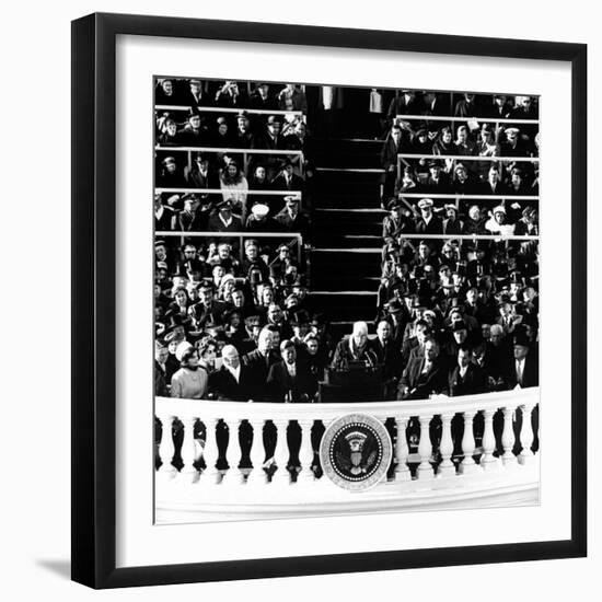 Poet Robert Frost Reading a Poem at the Inaugural Ceremony for President John F. Kennedy-null-Framed Photographic Print