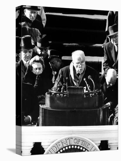 Poet Robert Frost Reading a Poem at the Inauguration Ceremony for President John F. Kennedy-null-Stretched Canvas