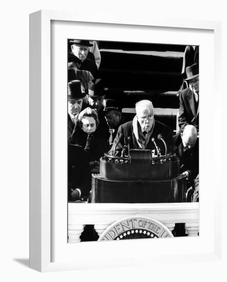 Poet Robert Frost Reading a Poem at the Inauguration Ceremony for President John F. Kennedy-null-Framed Photographic Print