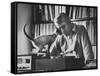 Poet Rod McKuen Playing Record on Stereo Set While Pet Siamese Cat Nuzzles His Face Affectionately-Ralph Crane-Framed Stretched Canvas