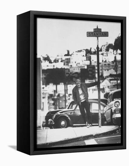 Poet Rod McKuen Swinging from Sign Which is Title of One His Songs, Stanyan Street-Ralph Crane-Framed Stretched Canvas