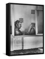 Poet Rod McKuen Writing Song Lyrics in His Bathtub, at Home-Ralph Crane-Framed Stretched Canvas