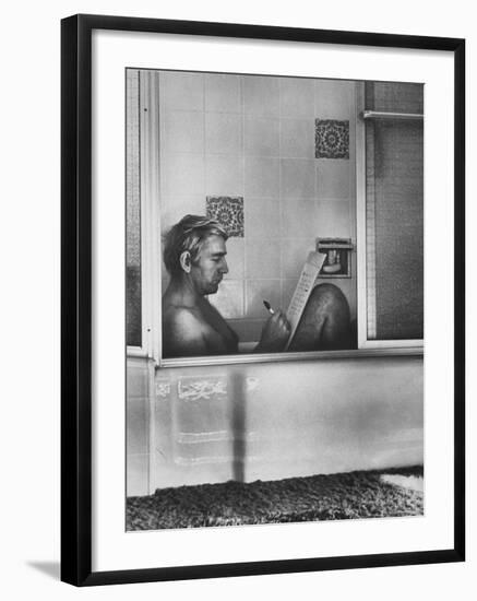 Poet Rod McKuen Writing Song Lyrics in His Bathtub, at Home-Ralph Crane-Framed Premium Photographic Print