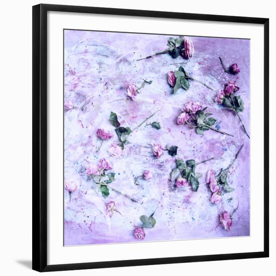 Poetic Photomontage of Pink Roses on Painted Ground with Textures of Floral Ornaments-Alaya Gadeh-Framed Photographic Print