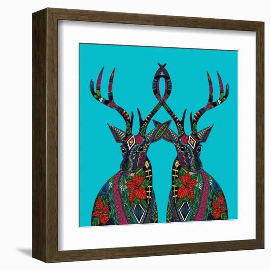 Poinsettia Deer Blue-Sharon Turner-Framed Art Print