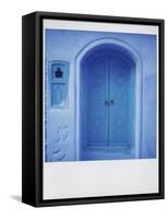 Polaroid of Traditional Painted Blue Door Against Bluewashed Wall, Chefchaouen, Morocco-Lee Frost-Framed Stretched Canvas