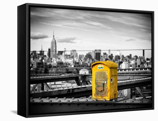 Police Emergency Call Box on the Walkway of the Brooklyn Bridge with Skyline of Manhattan-Philippe Hugonnard-Framed Stretched Canvas