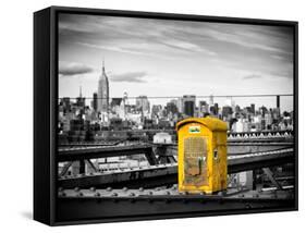 Police Emergency Call Box on the Walkway of the Brooklyn Bridge with Skyline of Manhattan-Philippe Hugonnard-Framed Stretched Canvas