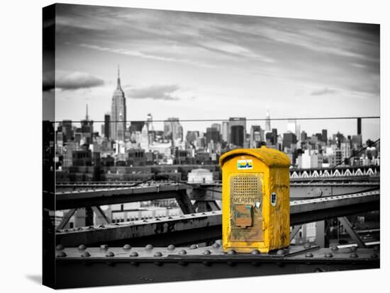 Police Emergency Call Box on the Walkway of the Brooklyn Bridge with Skyline of Manhattan-Philippe Hugonnard-Stretched Canvas