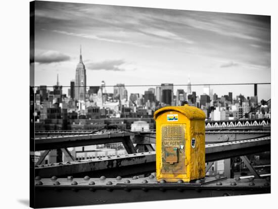 Police Emergency Call Box on the Walkway of the Brooklyn Bridge with Skyline of Manhattan-Philippe Hugonnard-Stretched Canvas