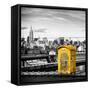 Police Emergency Call Box on the Walkway of the Brooklyn Bridge with Skyline of Manhattan-Philippe Hugonnard-Framed Stretched Canvas