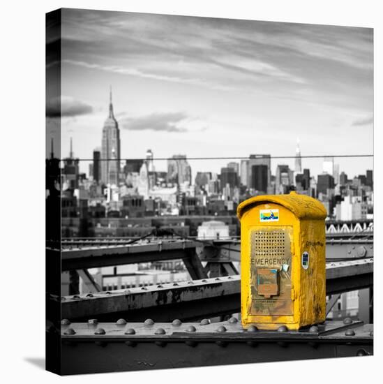 Police Emergency Call Box on the Walkway of the Brooklyn Bridge with Skyline of Manhattan-Philippe Hugonnard-Stretched Canvas