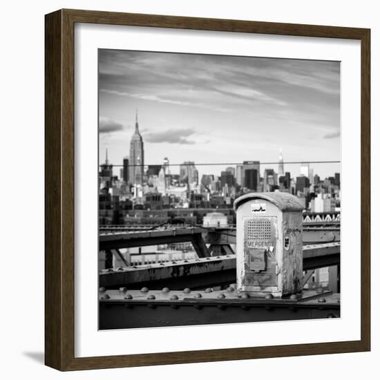 Police Emergency Call Box on the Walkway of the Brooklyn Bridge with Skyline of Manhattan-Philippe Hugonnard-Framed Photographic Print