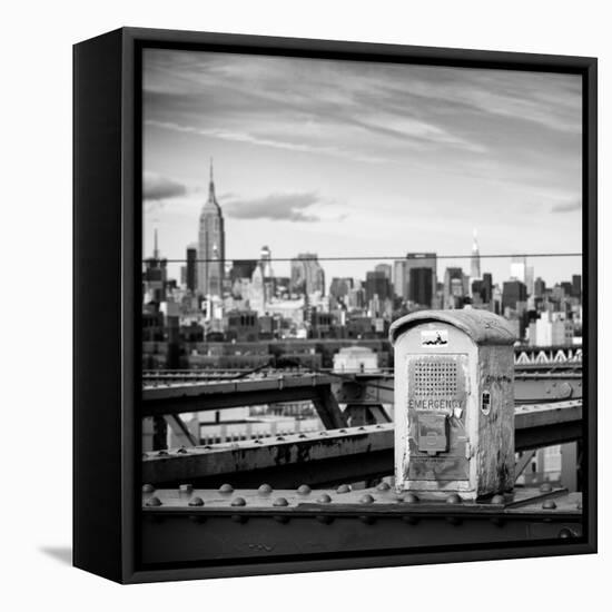 Police Emergency Call Box on the Walkway of the Brooklyn Bridge with Skyline of Manhattan-Philippe Hugonnard-Framed Stretched Canvas