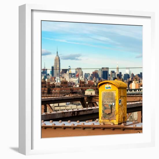 Police Emergency Call Box on the Walkway of the Brooklyn Bridge with Skyline of Manhattan-Philippe Hugonnard-Framed Photographic Print