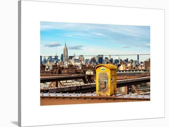 Police Emergency Call Box on the Walkway of the Brooklyn Bridge with Skyline of Manhattan-Philippe Hugonnard-Stretched Canvas