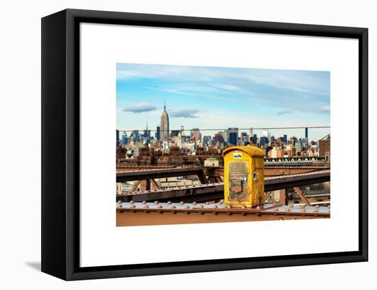 Police Emergency Call Box on the Walkway of the Brooklyn Bridge with Skyline of Manhattan-Philippe Hugonnard-Framed Stretched Canvas